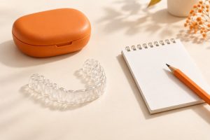 Ilustración de un alineador transparente junto a un estuche naranja y un cuaderno para preparar preguntas.